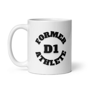 White glossy mug Former-D1-Athlete-(Alpha)-Circle-in-Black-Letters