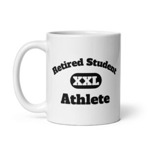 White glossy mug Retired-Student-Athlete-XXL-(Alfa)-in-Black-Letters