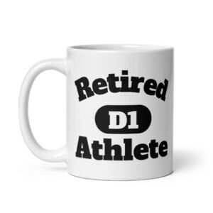 White glossy mug Retired-D1-Athlete-D1-(Alfa)-in--Black-Letters