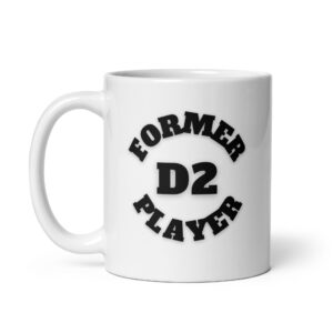 White glossy mug Former-D2-Player-(Alpha)-Circle-in--Black-Letters